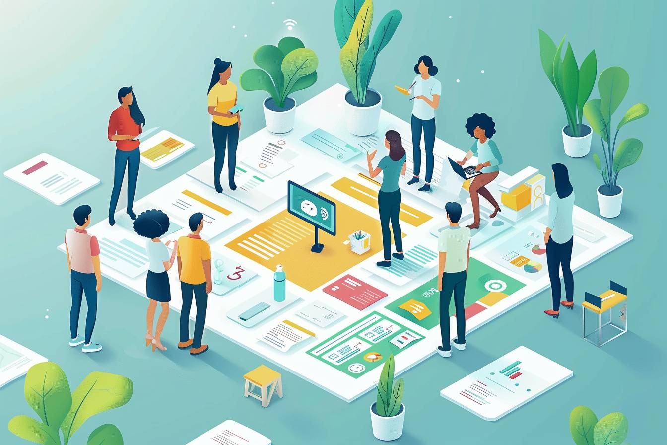 A vibrant digital workspace scene featuring diverse individuals collaborating around papers and a computer, surrounded by plants.