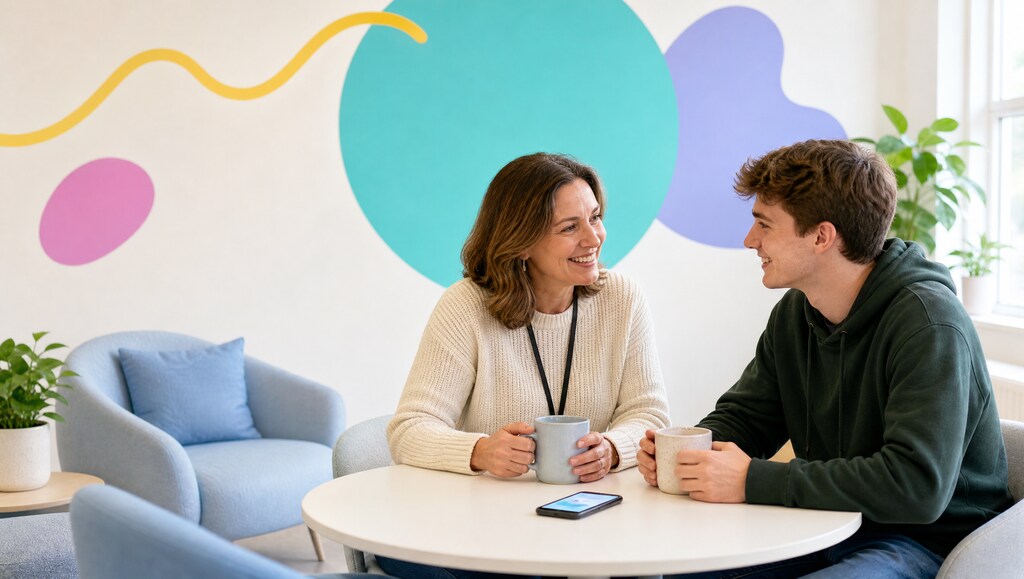 Peer support worker chatting with a visitor in a bright community drop-in space