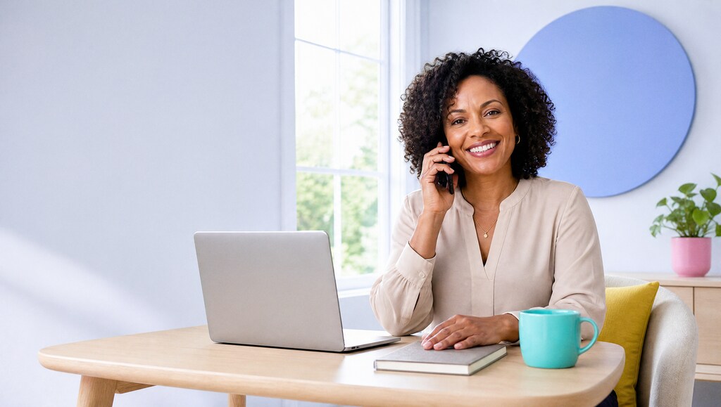 EAP founder on a phone call at a desk in a bright office