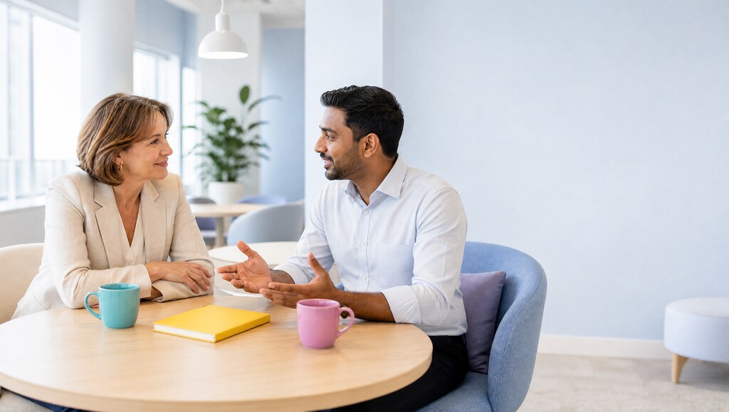 EAP director and HR manager in conversation at a table in a bright office