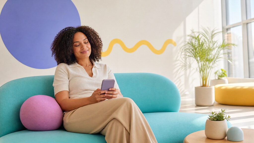 Office employee relaxing on a sofa in a sunny breakout area holding a phone