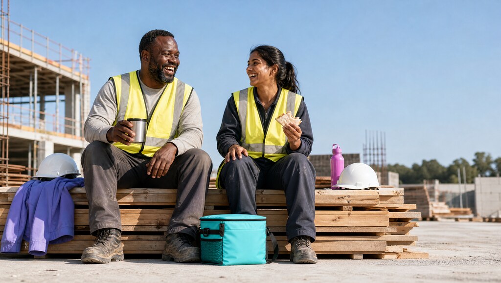 Two construction workers in hi-vis laughing together on a lunch break on site