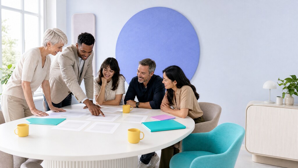 EAP leaders and a corporate procurement team reviewing documents at a meeting table