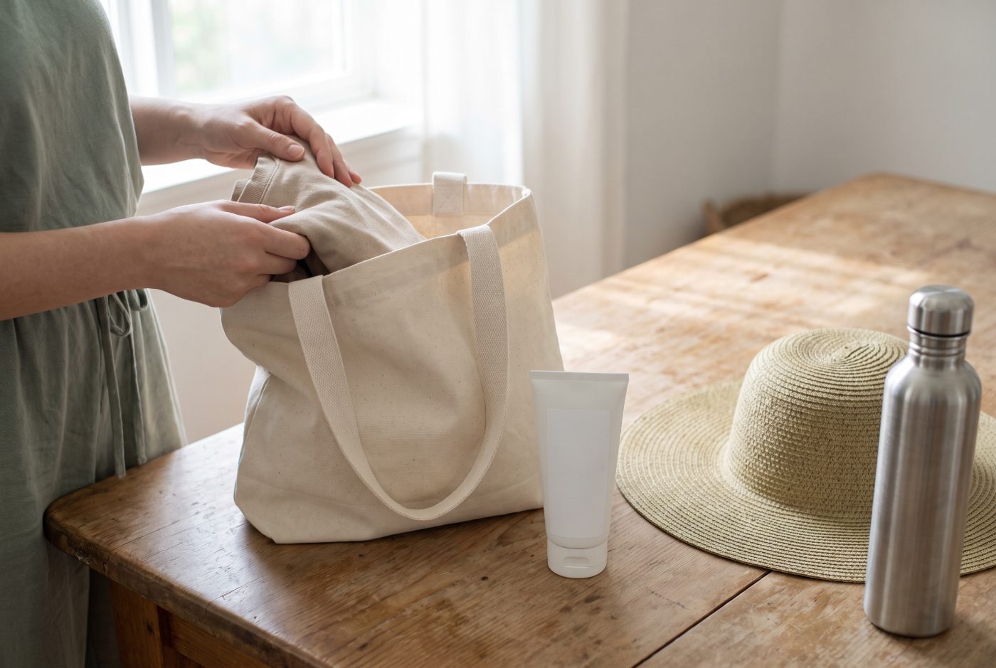 Des mains préparent un sac avec crème solaire, chapeau et gourde