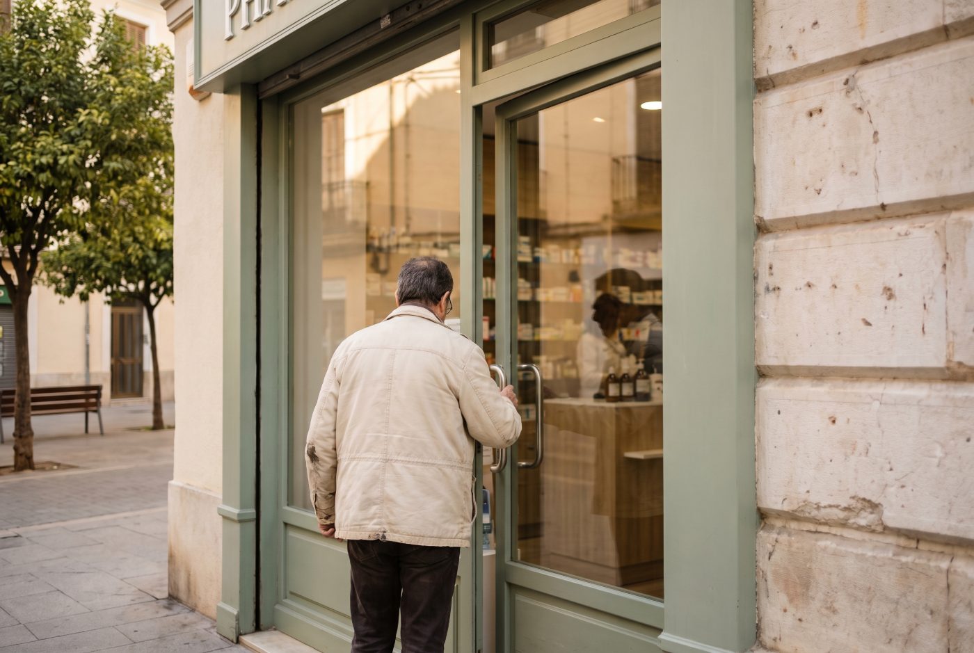 Une personne de dos pousse la porte vitrée d’une pharmacie