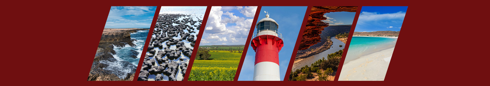 A collage of images on a maroon red background representing the impacted region, including photos from Carnarvon, Shark Bay, Geraldton, Kalbarri and Exmouth.