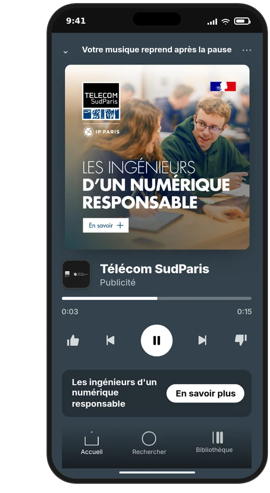 Publicité audio Télécom SudParis sur Spotify