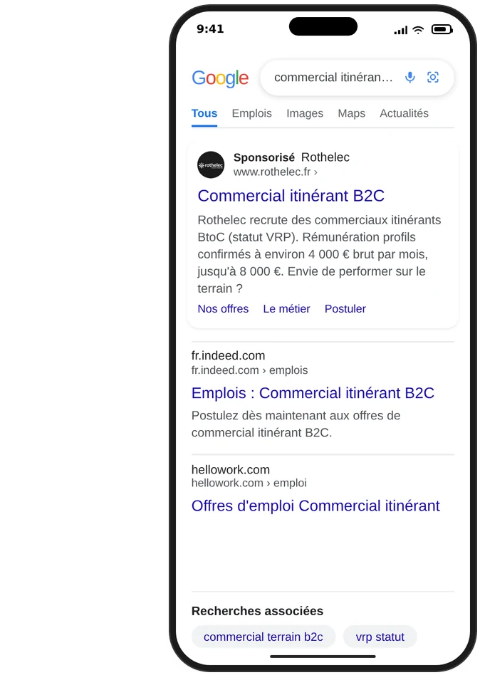 Annonce sponsorisée Rothelec dans Google