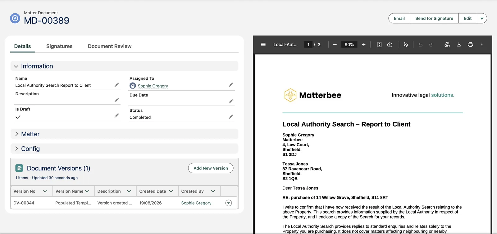 Matterbee document management screen