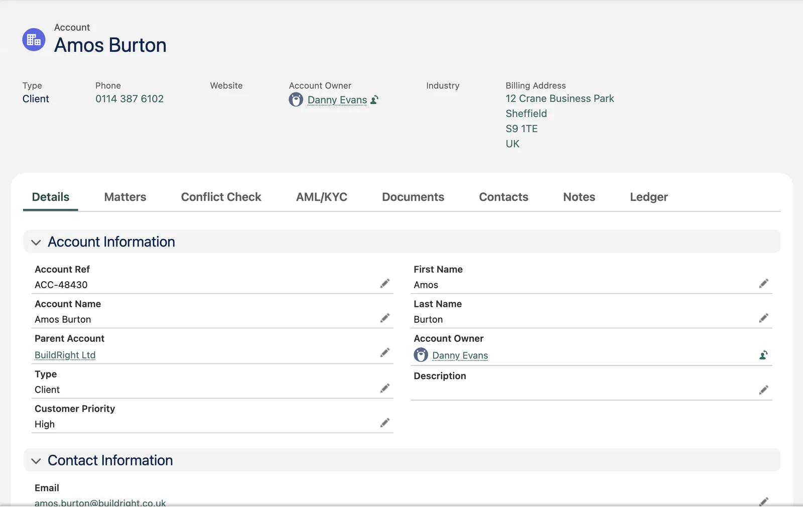 Matterbee CRM client account record