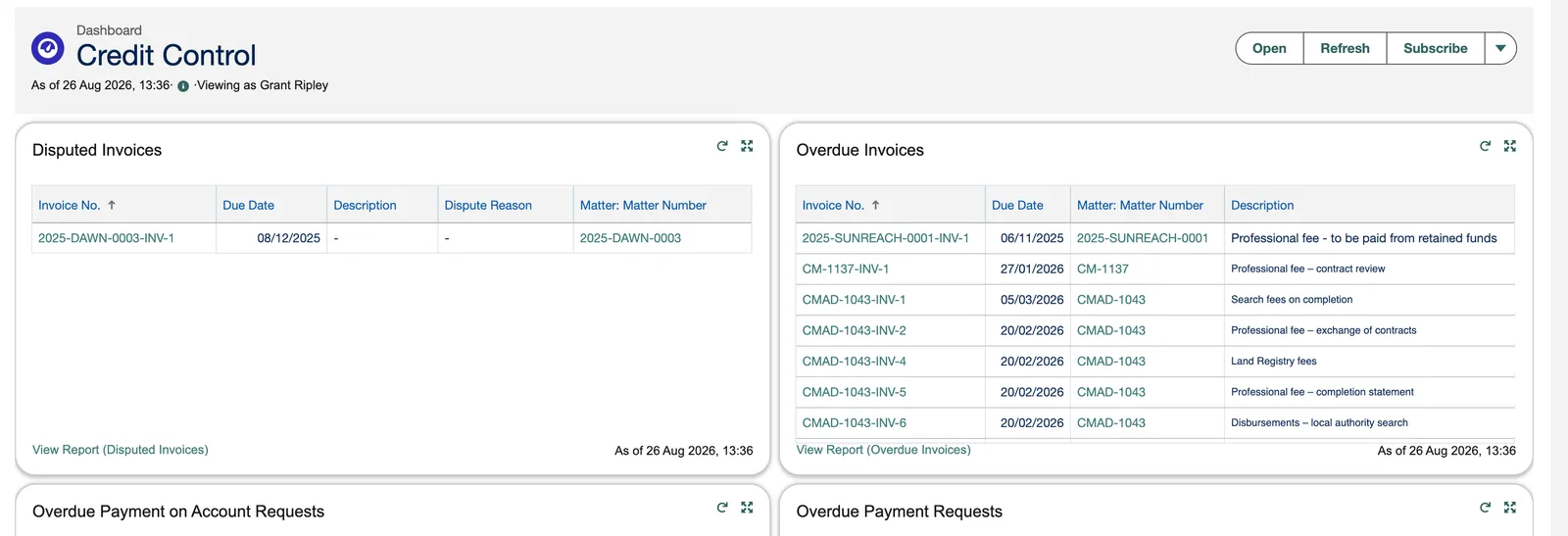 Matterbee credit control dashboard