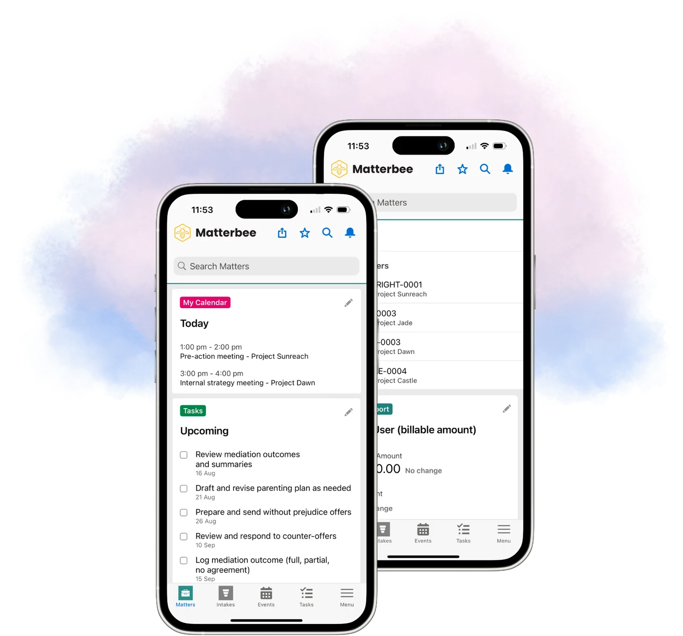 Matterbee mobile app showing today’s calendar, tasks and matters on two phones