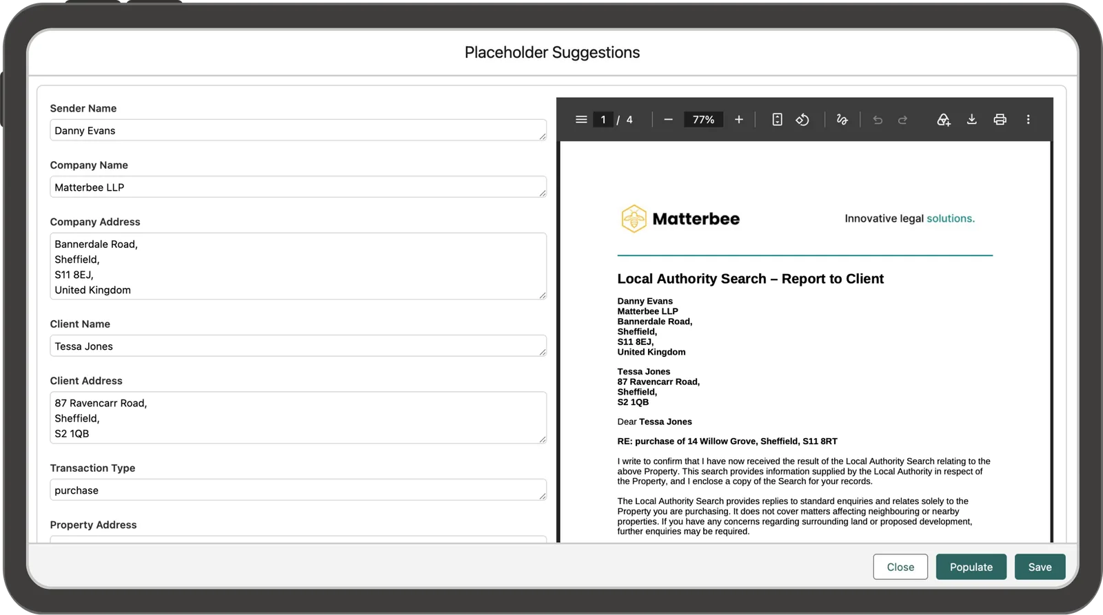 Matterbee AI populating a local authority search report to the client, shown on a tablet