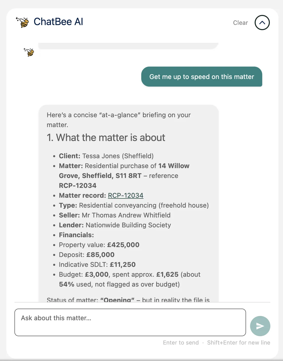 ChatBee AI answering a question about a matter