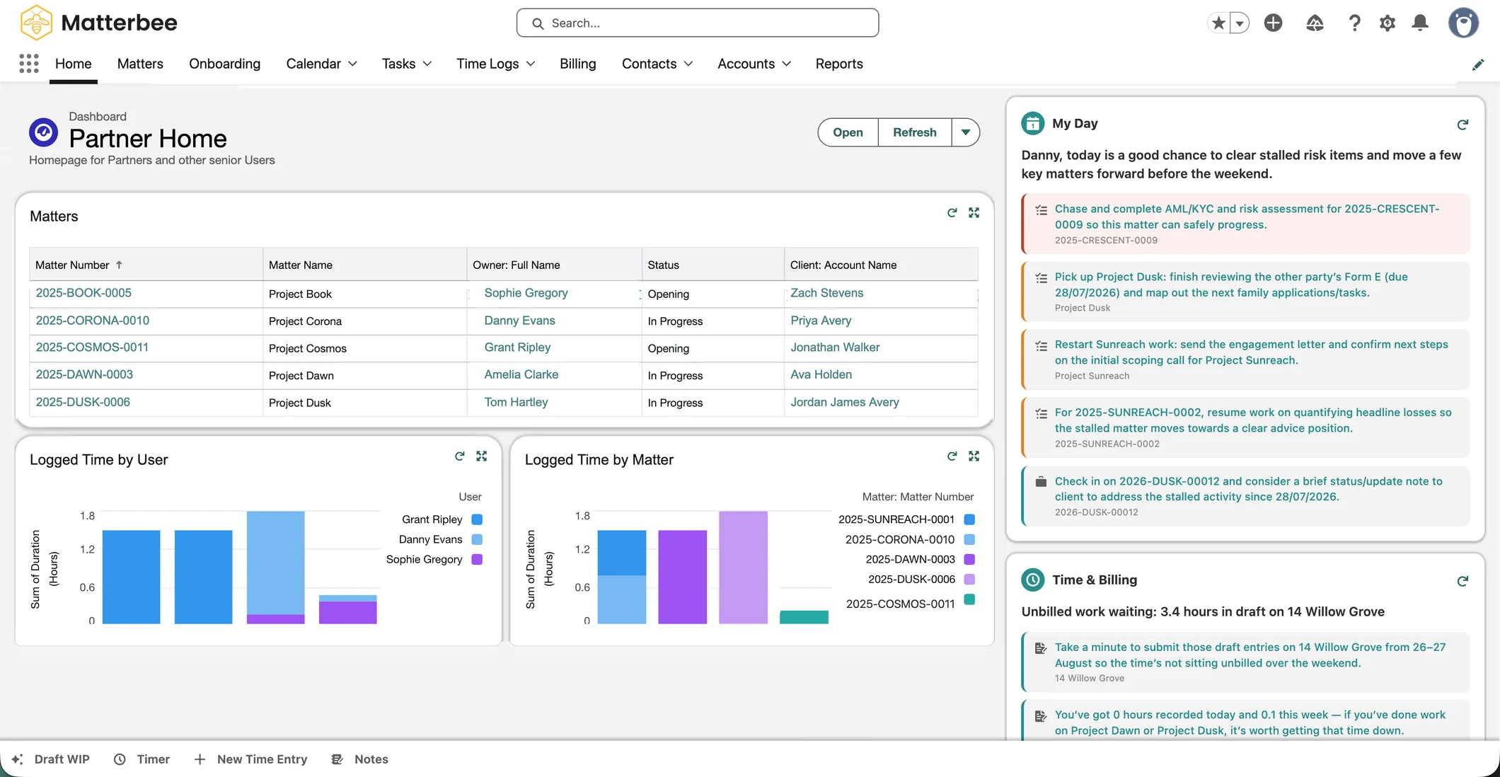 Matterbee Partner Home dashboard with matters, tasks, reports and a ChatBee AI briefing