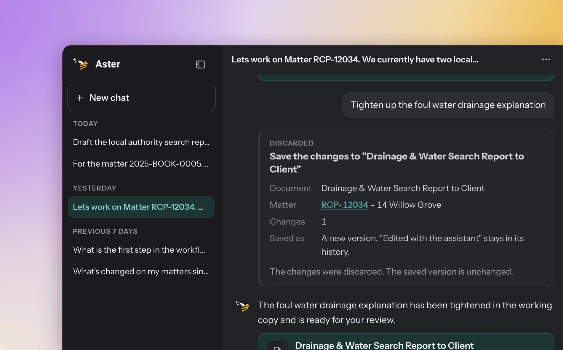 The Aster assistant in Matterbee, working on a conveyancing matter in a chat window