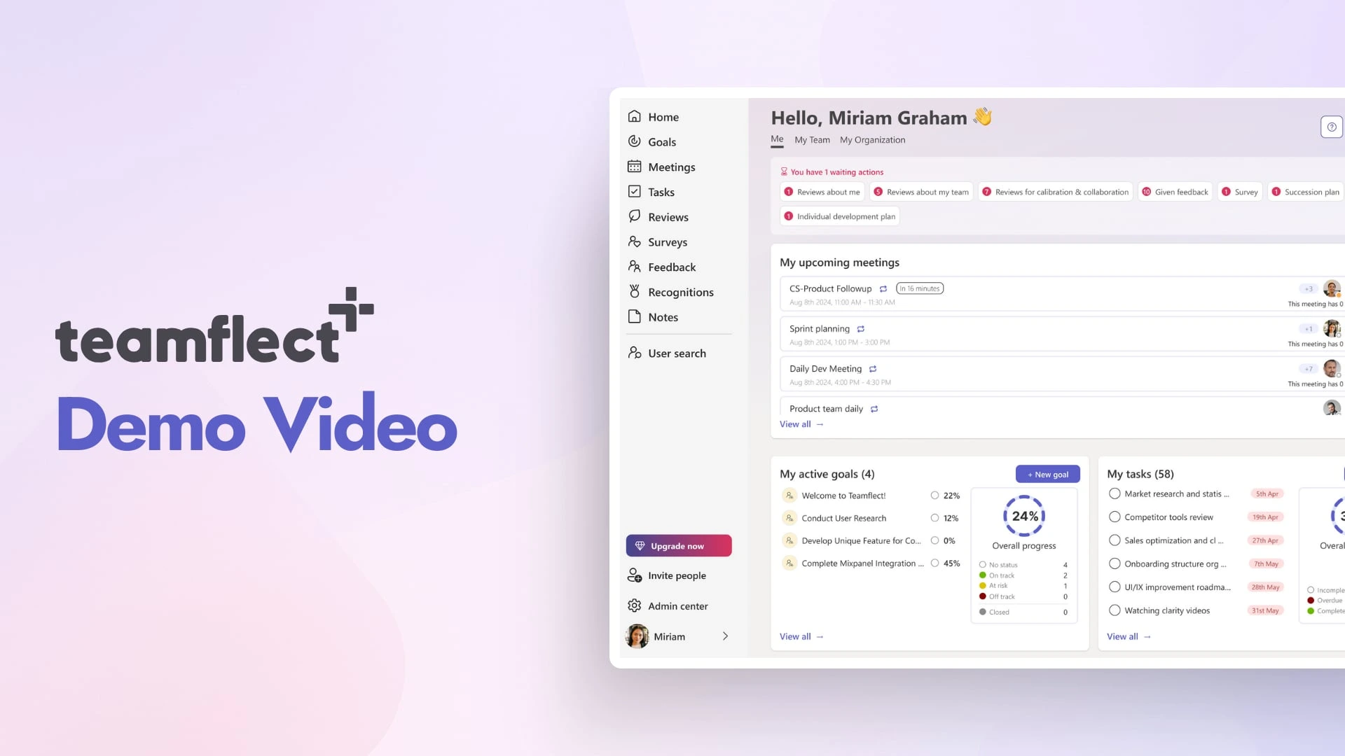 Teamflect Demo Video screen showing a user dashboard with menu items, upcoming meetings, active goals, and tasks.