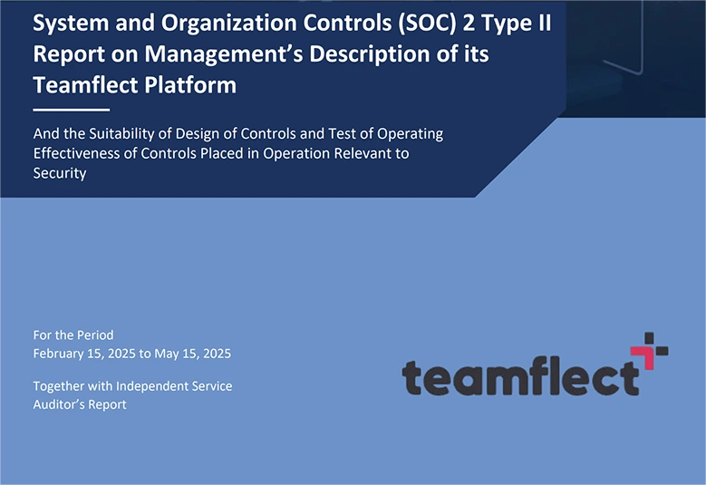 Title page of a SOC 2 Type II report for Teamflect platform covering February 15 to May 15, 2025, with Teamflect logo.