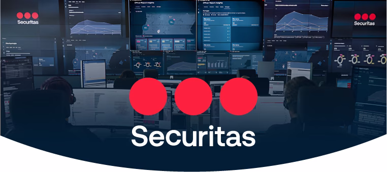 Security control room with multiple digital screens displaying data and analytics, with two operators seated and the Securitas logo overlayed.
