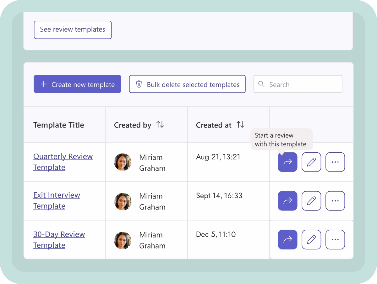 User interface showing a table of performance review templates with columns for Template Title, Created by, and Created at; three templates listed by Miriam Graham with options to start review, edit, or more actions.