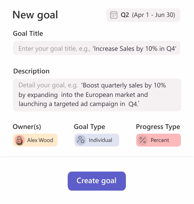 Form titled 'Q3 Performance Review Template' with fields for review template title and optional description input, including text formatting options.