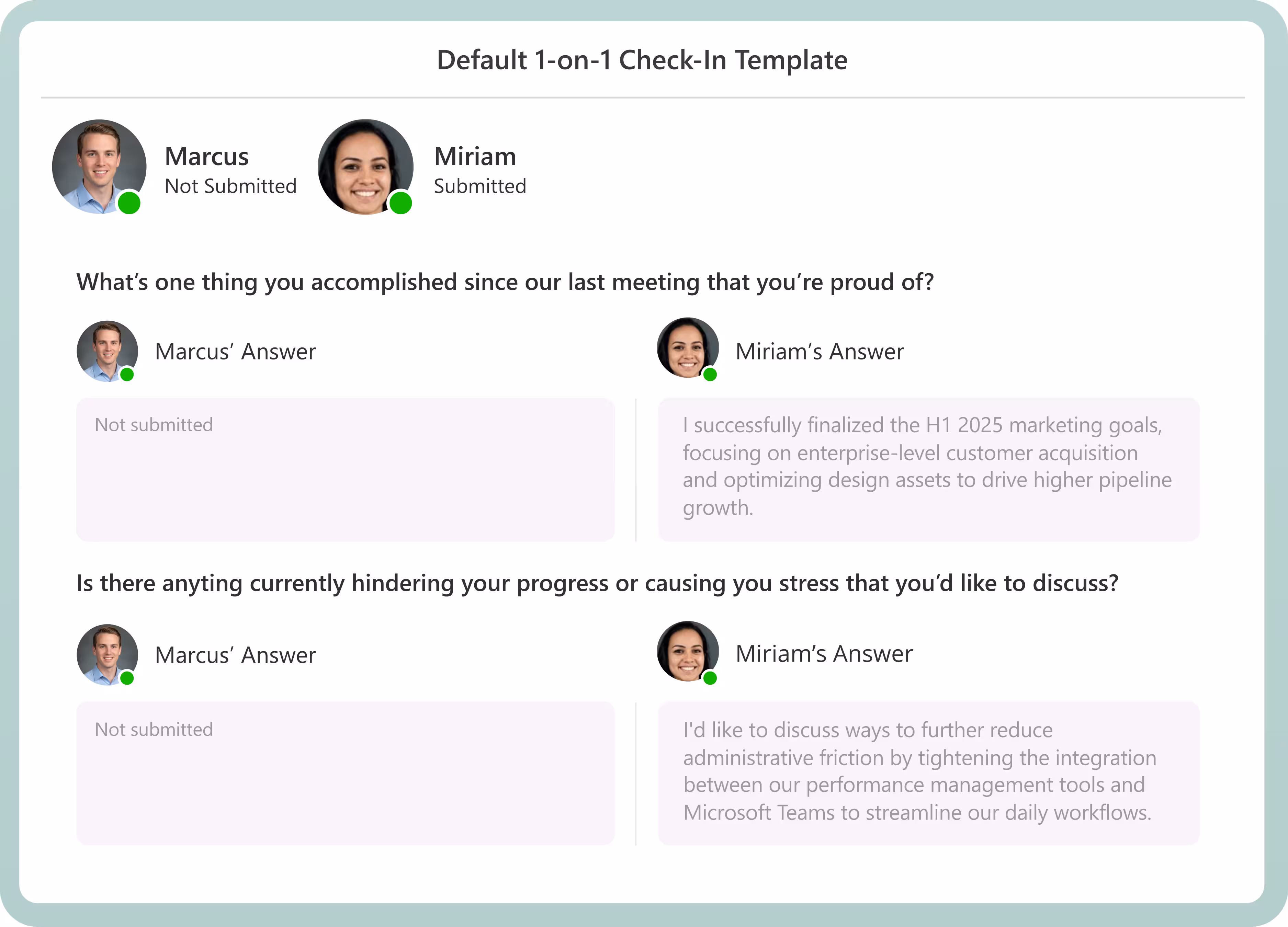 Teamflect 1-1 meeting check-in template sent to Marcus and Miriam consisting of two follow-up questions. 
