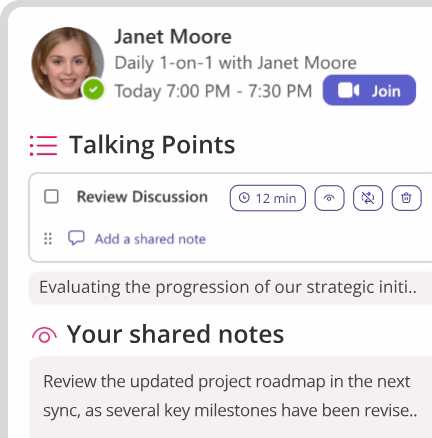 Virtual meeting screen showing Janet Moore's daily 1-on-1 at 7 PM, with talking points and shared notes sections in Teamflect