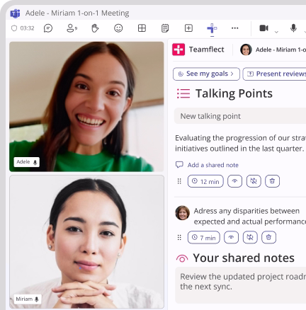 Video call screenshot showing two women in a Teams meeting with Teamflect. Teamflect brings talking points and shared notes to keep track of meetings.