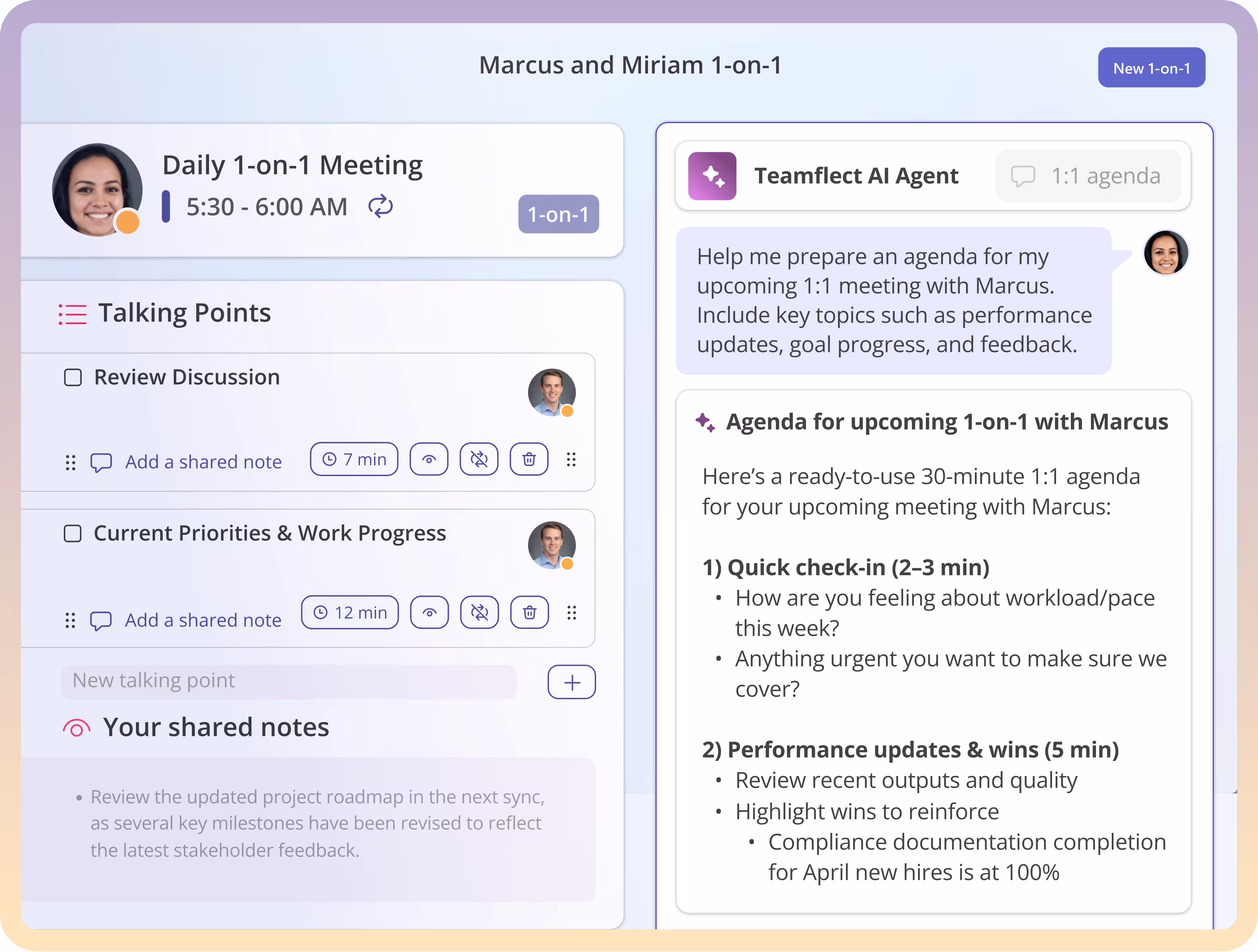 Teamflect interface showing a scheduled daily 1-on-1 meeting with agenda and talking points for Marcus and Miriam.