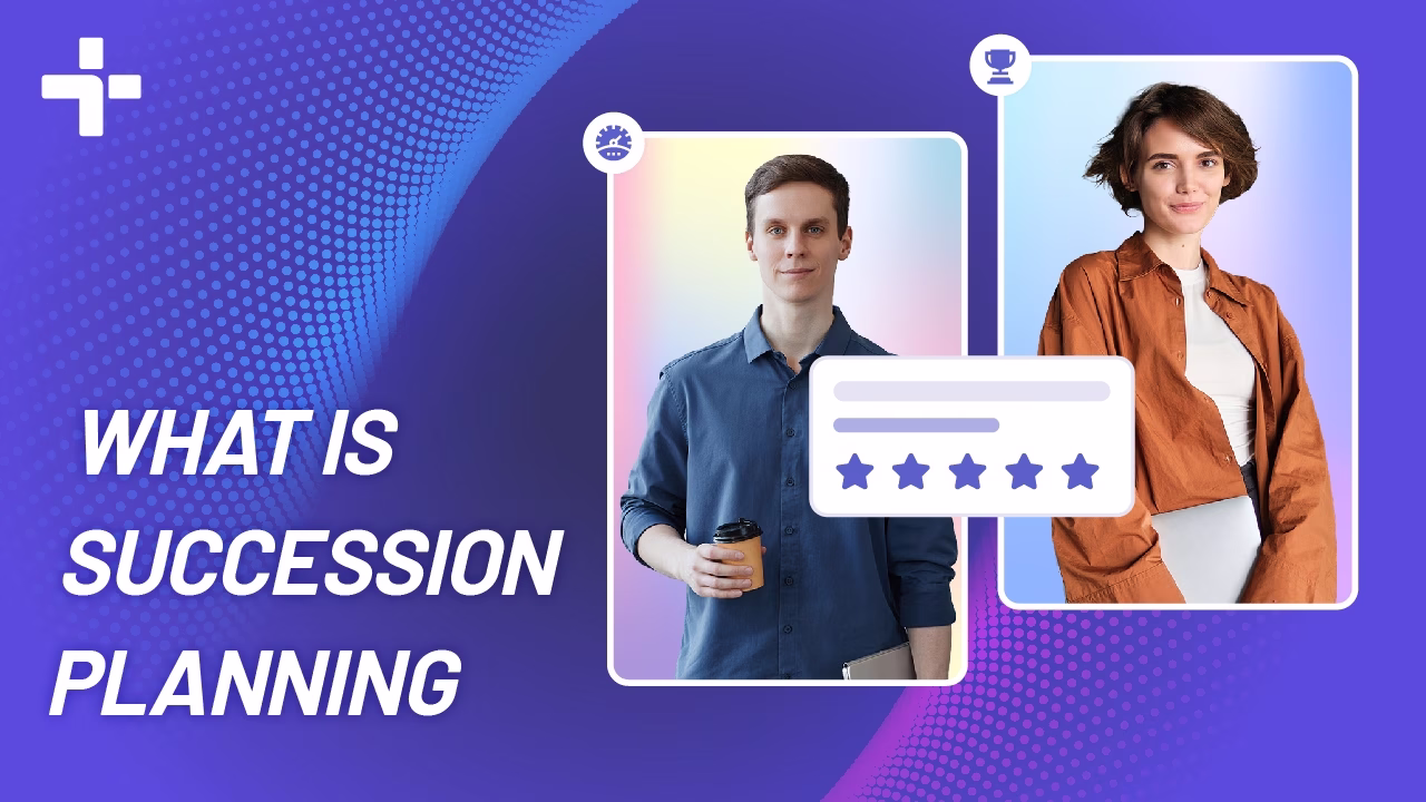 Two professionals with icons and a five-star rating on a purple background with the text 'What is succession planning'.
