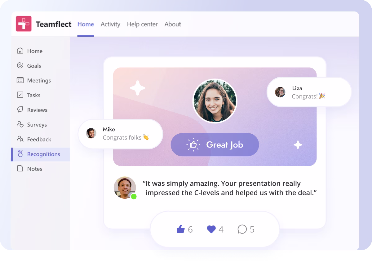 Employee recognition software dashboard showing peer-to-peer recognition posts inside Microsoft Teams
