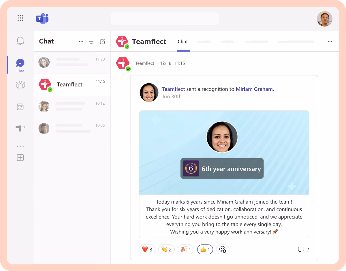 Setting up an automated recognition trigger in Teamflect, for example for a work anniversary in Teams chat.