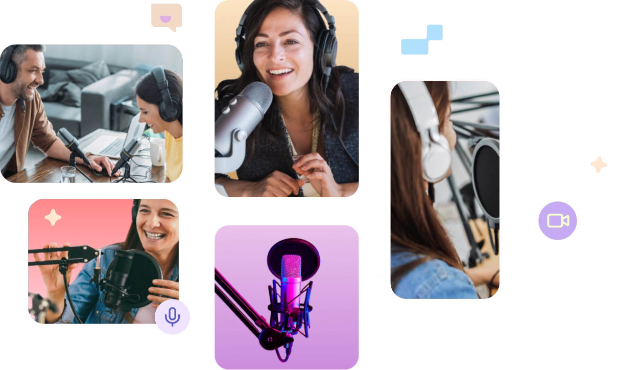Collage of people recording podcasts with microphones and headphones in various settings.
