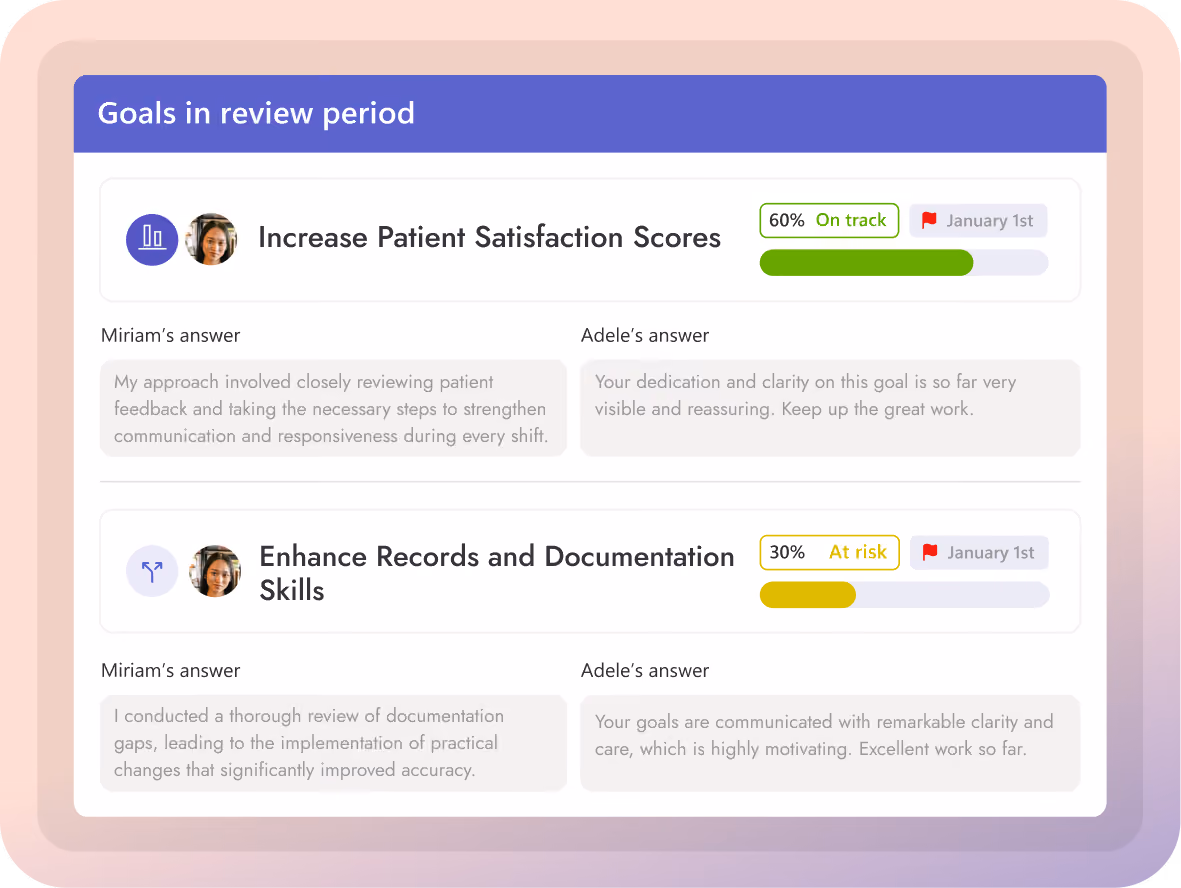 Teamflect performance review dashboard showing goal progress, status, and manager feedback for patient satisfaction and documentation goals
