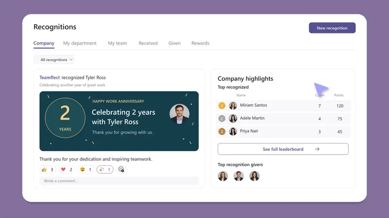 Sending recognition in Teamflect Rewards and Recognition