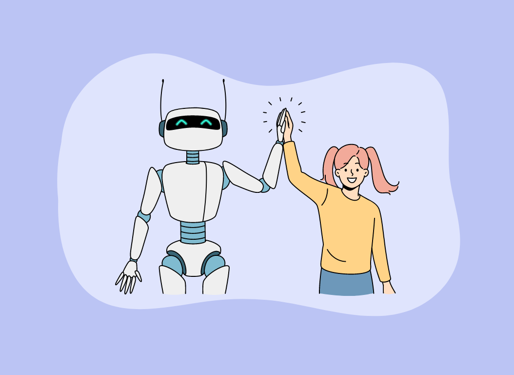 Robot and woman giving a high five, illustrating AI in HR