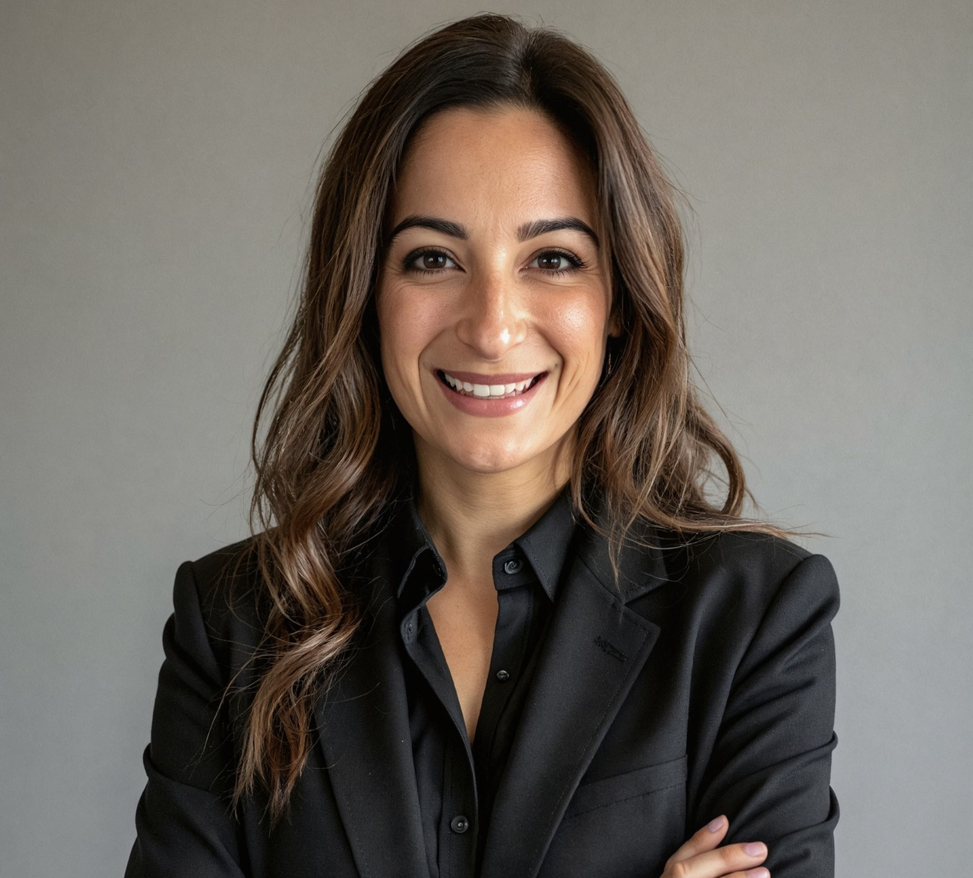 Headshot of Nicole Bagnoli; Photo of a middle aged woman in black shirt and black blazer. She has straight, brown hair and brown eyes. She is smiling. The background colour is grey.