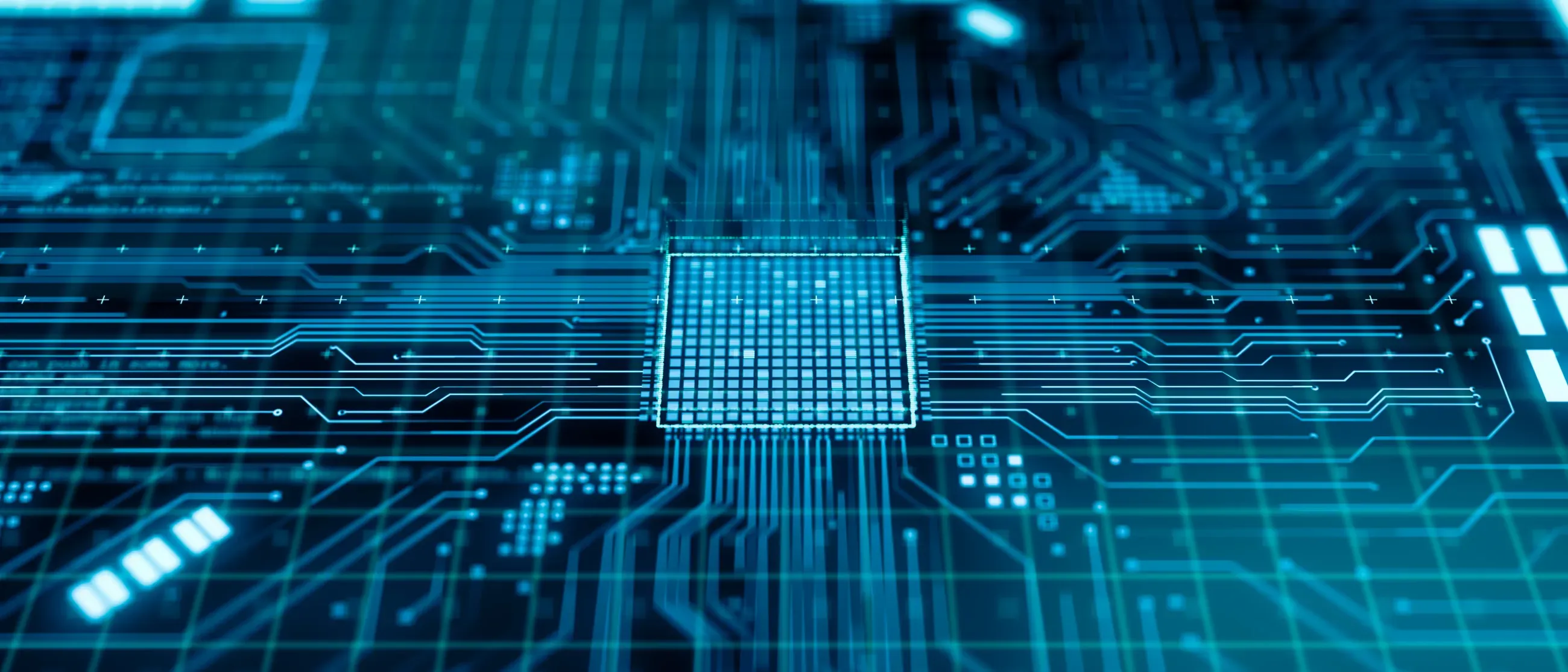 Photo of Quantum;A luminous image of a microprocessor in the middle of the page, with lines going out to the left and right probably indicating data getting transferred.