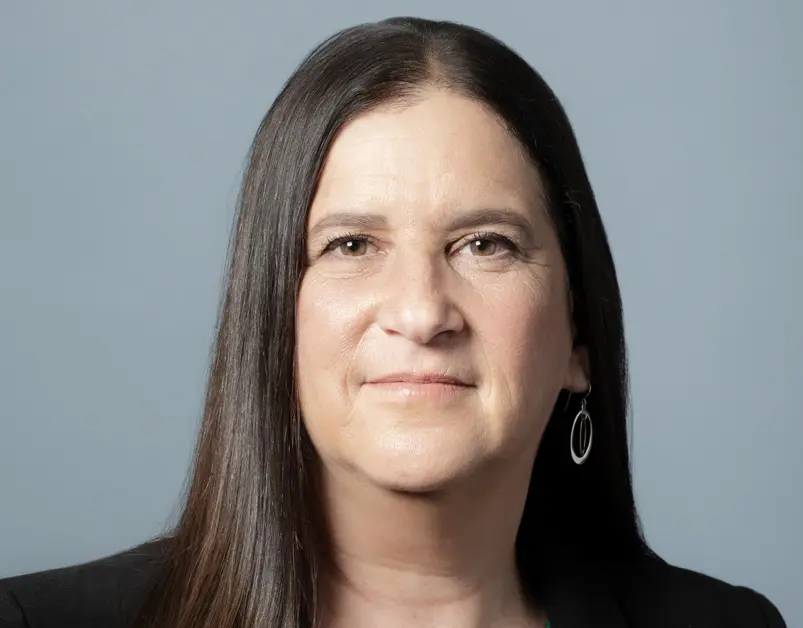 Photo of Prof. Lucas; Headshot of a woman with long, straight dark brown hair parted in the middle. She is wearing a dark suit jacket or blazer and silver oval drop earrings against a solid, light blue-grey background.
