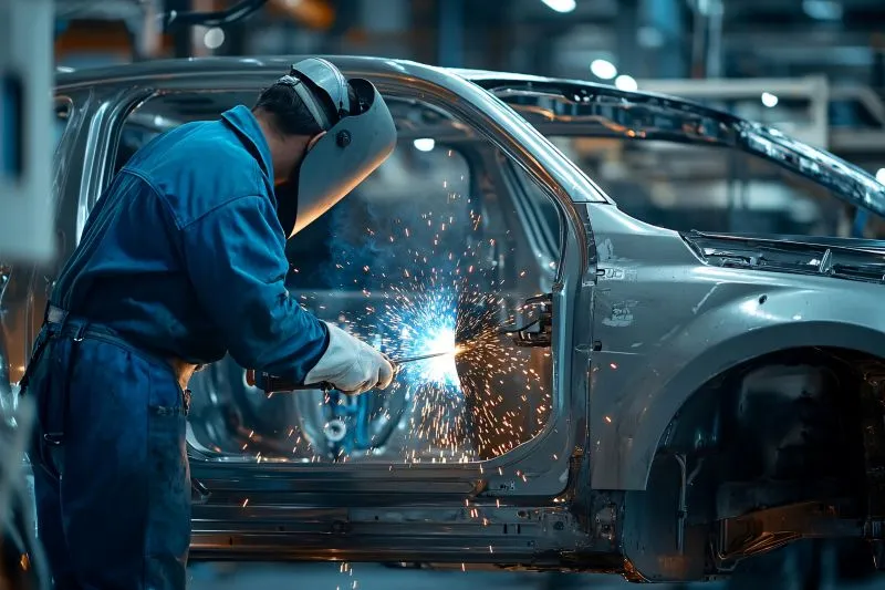 A welder working on a vehicle on an automotive assembly line