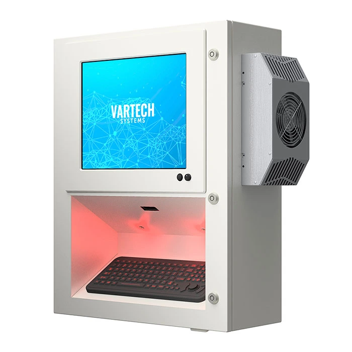 A ToughStation recessed workstation with a fan and custom LED-lit keyboard