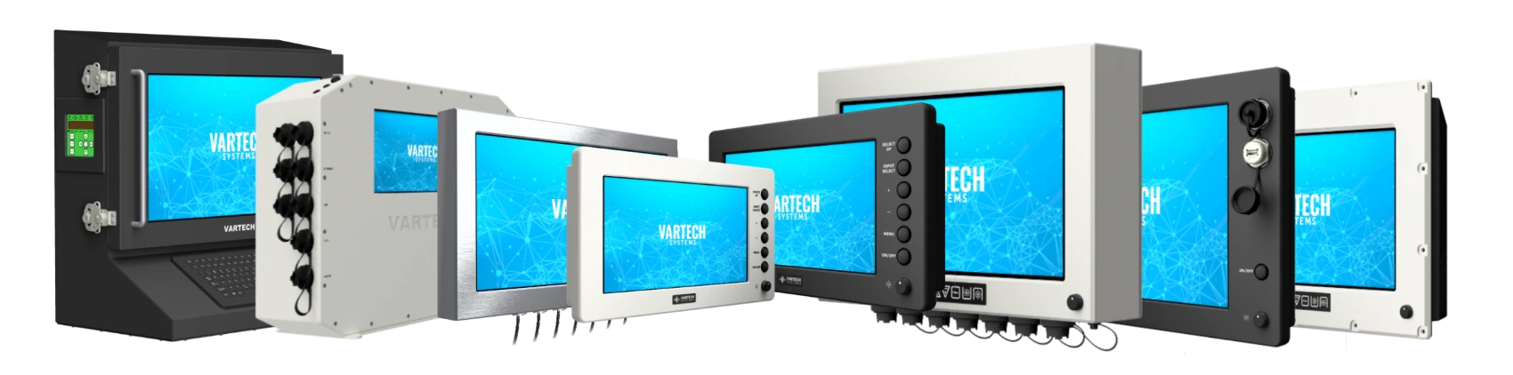 A compilation image of VarTech Systems' product portfolio of rugged industrial computers, monitors, and workstations