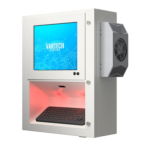 A ToughStation recessed workstation with a fan and custom LED-lit keyboard