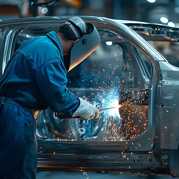 A worker welding on a manufacturing assembly line