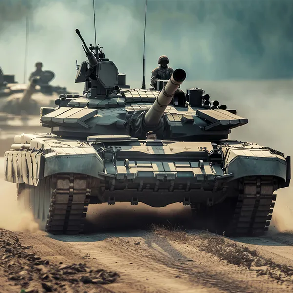 Military tanks driving down a dirt path