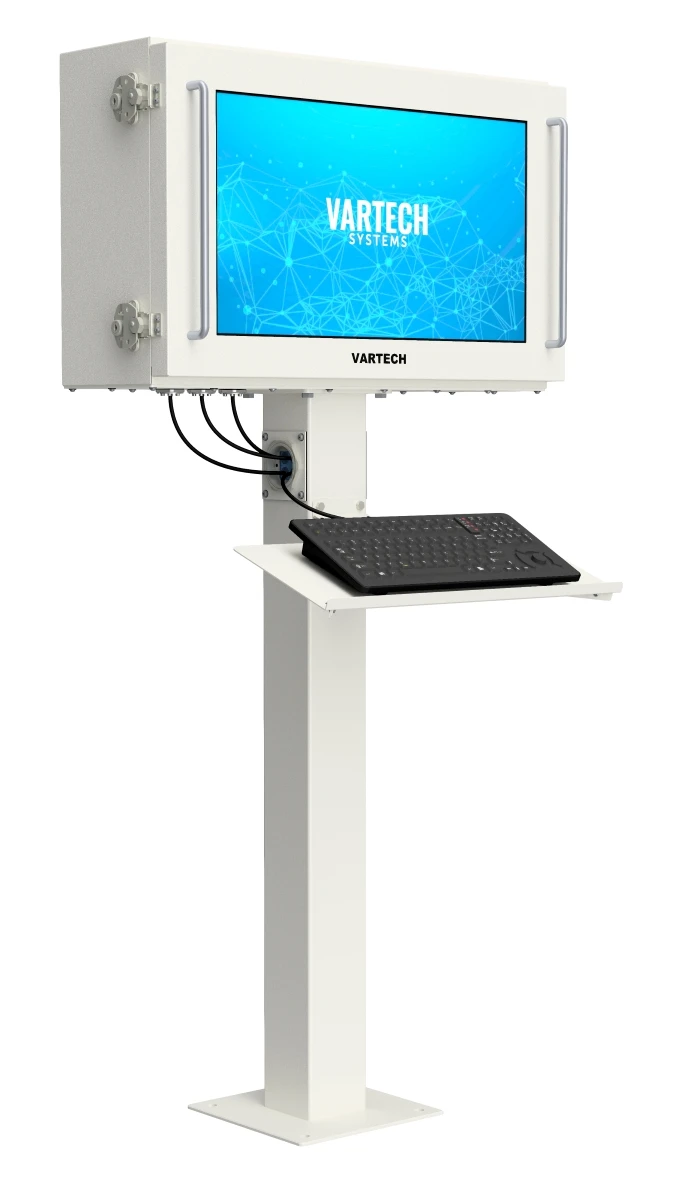 A VarTech Systems' ToughStation Panel Workstation mounted on a custom pedestal with a keyboard tray