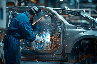 A worker welding a car in an auto manufacturing facility representing VarTech's industrial computers, monitors, and HMIs