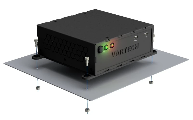 A rendering of VarTech Systems' PowerCube industrial small form factor computer depicted with a shock mounting style