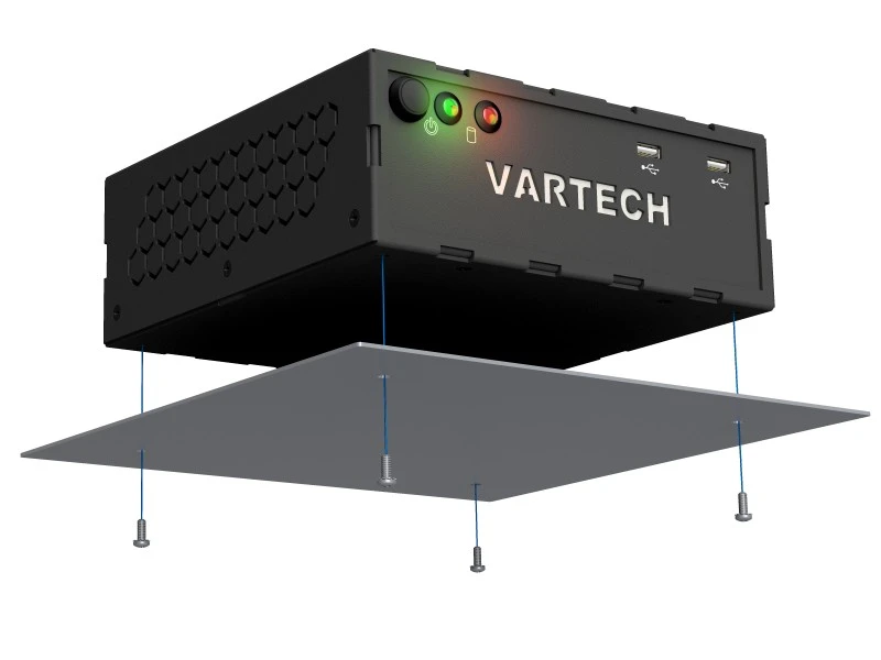 A rendering of VarTech Systems' PowerCube industrial small form factor computer depicted with a standard mounting style
