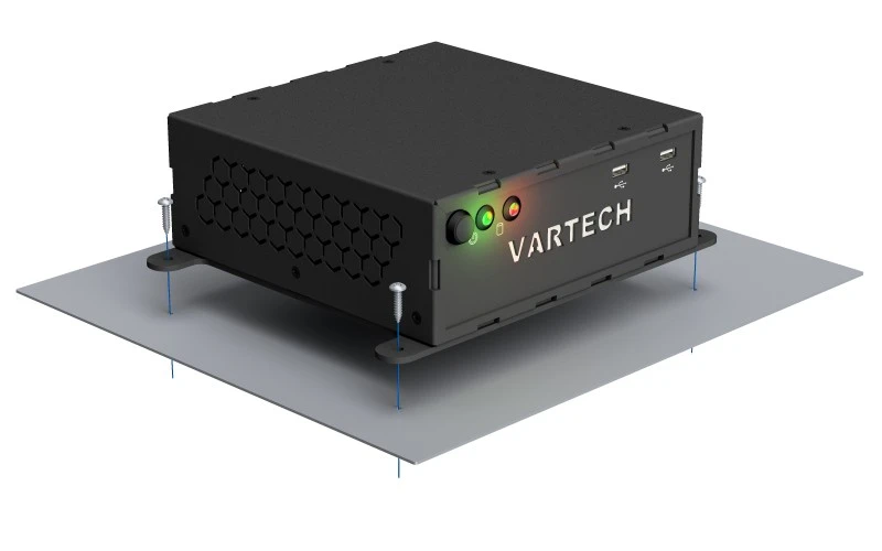 A rendering of VarTech Systems' PowerCube industrial small form factor computer depicted with a tabletop mounting style